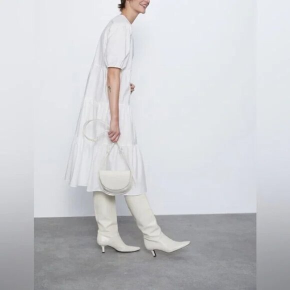 Zara Poplin Voluminous Short Sleeve Midi Dress White Size Medium - Picture 3 of 8